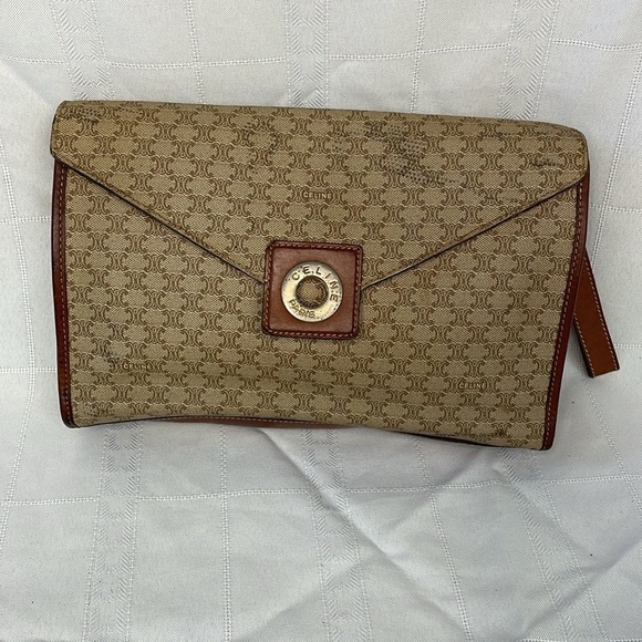 Vintage Celine Macadam Envelope Flap Clutch Wristlet Bag Tan Brown - Picture 1 of 17